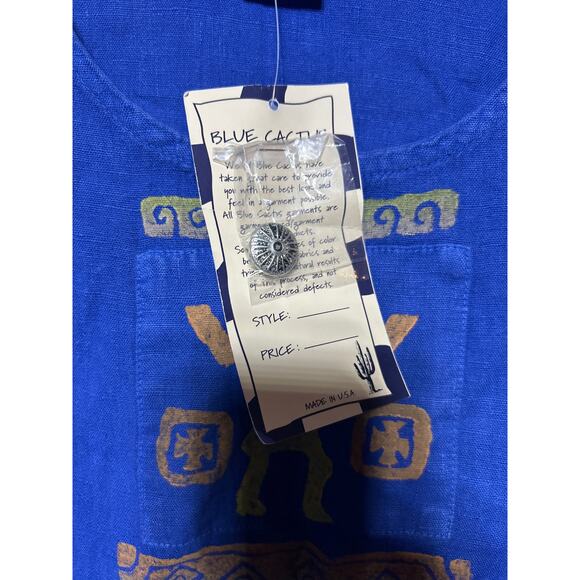 Vintage Blue Cactus Maxi Dress Linen Southwestern Painted NEW Dead Stock Buttons - Picture 7 of 9